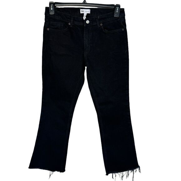 Zara SZ 6 The Disco Pant Jeans Mid-Rise Frayed Hems Zip-Fly Bootcut Black Womens - Picture 1 of 8